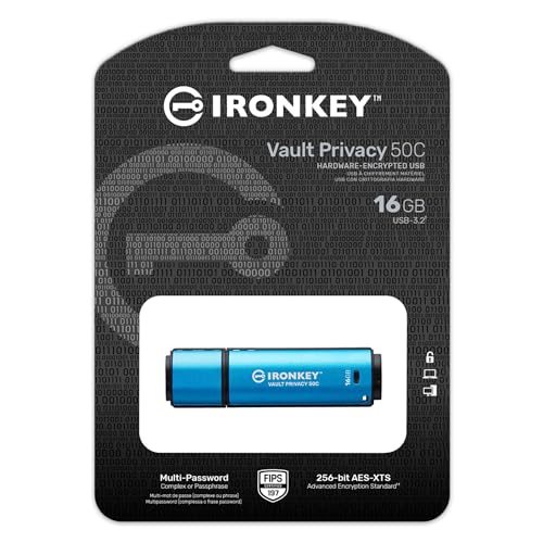 Image of Kingston Ironkey Vault Privacy 50 USB-C 16GB Flash Drive | FIPS 197 Certified | XTS-AES 256-bit | BadUSB and Brute Force Protection | Mult-Password Option | IKVP50C /16GB | Fips 197 Xts-Aes 256-Bit Encryption, Badusb and Brute-Force Protection, Multi-Password Recovery, IPX8