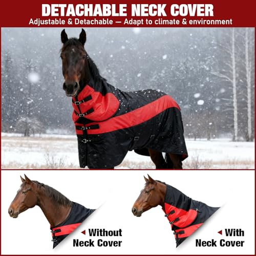 Horse Blankets Winter for Real Horses, 1600D Waterproof Poly Rain Sheets 72 in with Neck Cover Belly Wrap Tail Wrap Turnout Blanket, Stuff Care Medium Large Weight Heavy Outdoor Clothes Red Black - Image 4