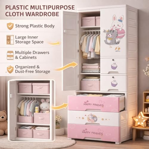 Image of AYSIS Kids Plastic Collapsible Wardrobe Organizer for Storage with Drawers | Cute Cartoon Design | Heavy Duty Cloth Organizer for Storage | Easy to Assemble | Perfect for Kids Room & Home | Sweet
