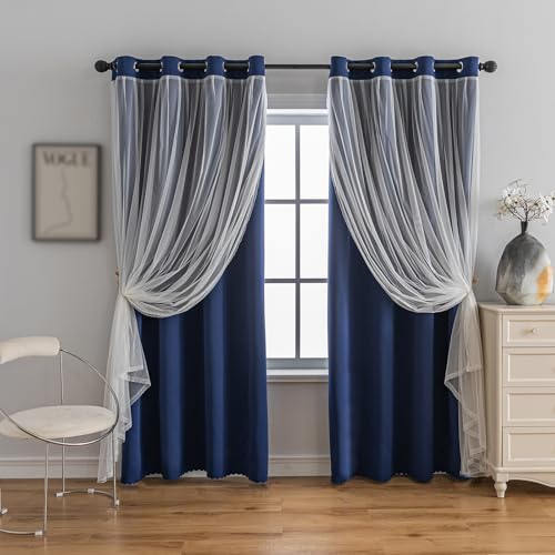 Image of Anytime Double Layer Blackout Curtains 2 Panels,52Wx120L,Navy Blue | Sheer And Fabric Window Drapes Grommet Top Solid Color Bedroom Living Room Home Decor