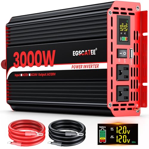3000 Watts Power Inverter 12V DC to 110V/120V AC Converter Peak Power 6000W Car Inverter with LCD Display 2 AC Outlets 3.1A USB Port for RV Camping Truck Boat Off-Grid Solar System