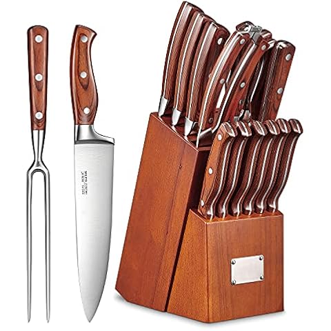 Knife Set, 16 Piece Knife Block Set with High Carbon German Stainless Steel, Kitchen Knife Set Sharpening for Chef Knife, Meat Scissors Cover