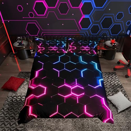 Juego de ropa de cama hexagonal con estampado rojo, rosa, azul y negro, para niños, adolescentes, decoración de panal de abeja, funda de edredón geométrica de colmena, colección de dormitorio, 2 piez