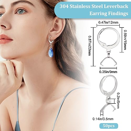 Beebeecraft 1 Box 50Pcs Clasp Earring Hooks Stainless Steel Round French Pendant Leverback Earring Findings with Bails Pin for Earrings Jewelry Making Art DIY Crafts - Image 2