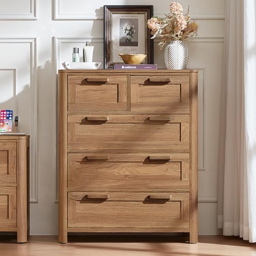 Image of Joaxswe Farmhouse 5 Drawer Dresser for Bedroom, Vertical Dressers Chest of Drawers with 5 Deep Drawers & 4 Thickened Table Legs & Rounded Corners, Brown