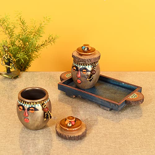 Image of AAKRITI ART CREATIONS Happy Tribals Storage Jars and Handcrafted Tray S03 | Handcrafted Abstract Art Storage Jars | Kitchen Decoration Items Stylish Tray & Jars | Kitchen Containers