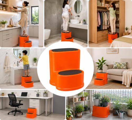 Image of Multipurpose Step Stool with Anti-Skid Surface for Home, Kitchen & Office | Premium Plastic Ladder Stool | 220 kg Hight Weight Load Capacity | 60 x 47 x 51.5 cm  (Mango Orange)