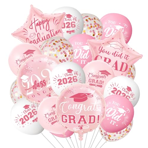 42pcs Graduation Balloons Class of 2026 Grad Latex Confetti Balloons with Congrats Grad Foil Balloons for College High School Graduation Party Decorations Supplies (Rose Gold)
