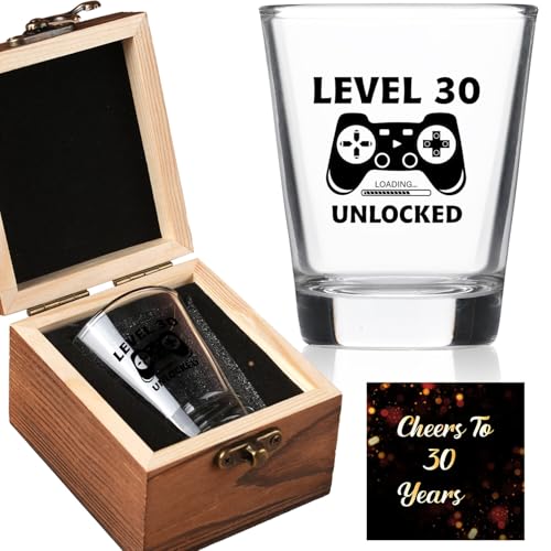 Ithmahco 30th Birthday Gifts for Him Her – LEVEL 30 UNLOCKED Shot Glass with Wooden Box – Cheers...