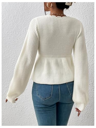 WDIRARA Women's Tie Front Ruffle Pullover Sweater Deep V Neck Long Lantern Sleeve Knitted Peplum Tops2