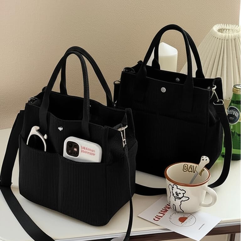 Joria Stylish Corduroy Tote Bag with Multiple Pockets and Detachable Strap – Perfect for Work, Travel, and Everyday Use - Image 3