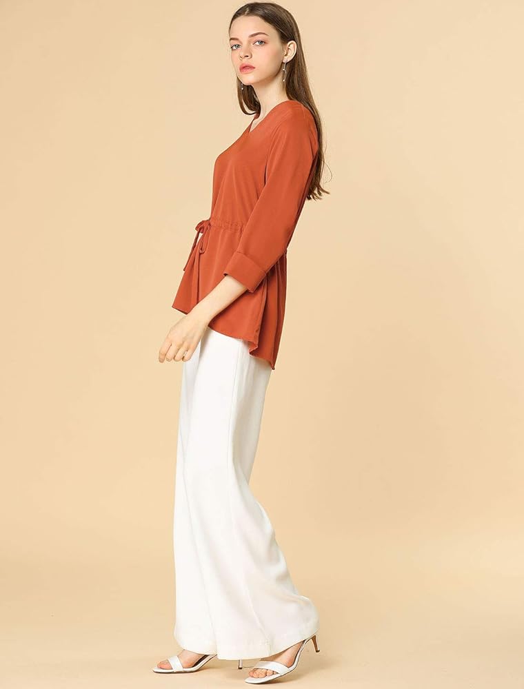 Allegra K Women's Fall Elegant 3/4 Sleeves V Neck Drawstring