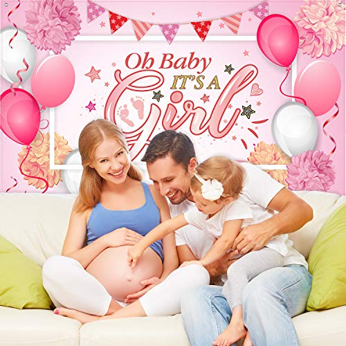 Image of Baby Shower Backdrop It's a Girl Banner 6 x 3.6 ft Large Pink Fabric Decor | Floral Balloon Print on Polyester Fabric, Rope and Grommets for Easy Hanging, Reusable for Photo Booths Walls and Tabless