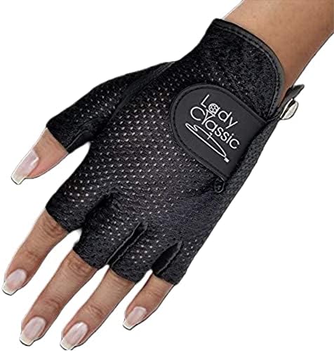 XEIRPRO New Lady Classic Women's Mesh Cool Half Golf Gloves with Premium CABRETTA Leather - Breathable, Perfect for Summer Worn on Left Hand (Black/Black, Small)