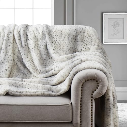 Double Sided Faux Fur Throw Blanket Silky Soft Oversized Afghan Machine Washable, Grey Striped Mink Chinchilla Shadow Fox (Snow Leopard, X-Long)