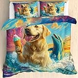 Epzgwjzth Funny Golden Retriever Duvet Cover Queen Size, Whale Bedding Set 3 Pieces, Ocean Wave Ice Cream Comforter Cover, Soft Breathable with Zipper Closure, 1 Duvet Cover 90x90, 2 Pillow Shams