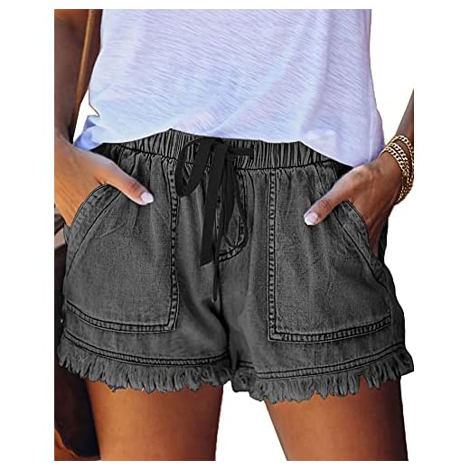 HVEPUO Damen Mittlerer Aufstieg Denim Kurze Hose Lässige gebrochene Kante Used Look Blue Quaste Jeans Shorts Kurze Grau M