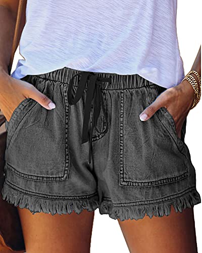 HVEPUO Short d'été, large, pour femmes, en coton et lin, avec ceinture élastique, a-gris, XXL