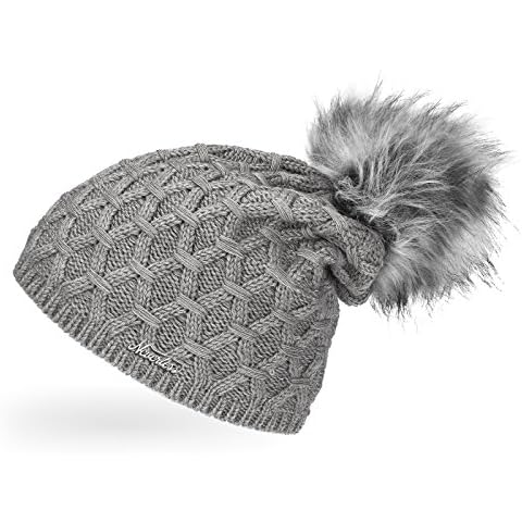 Neverless® Damen Strickmütze gefüttert mit Fell-Bommel Cover
