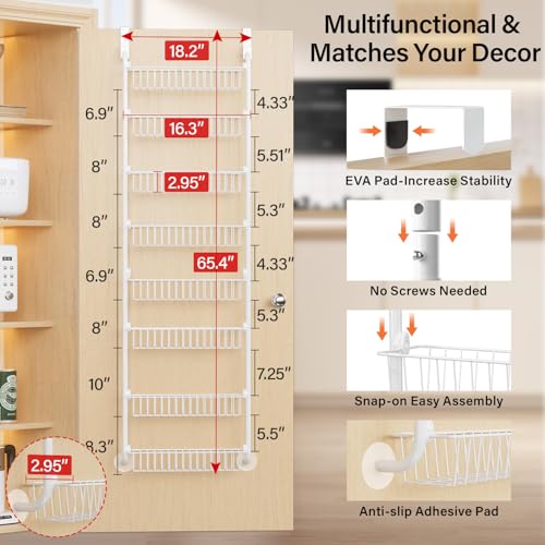 Image of Delamu Over The Door Pantry Organizer, 8-Tier Metal Pantry Door Organization and Storage for Easy Install, Hanging Spice Rack Seasoning Shelves, Door Organizer for Kitchen, 4.65 inchD x 18 inchW x 65 inchH, White