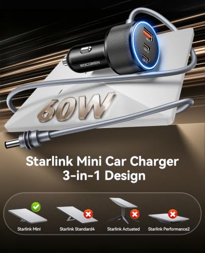 10' Rocoren 60W Starlink Mini Car Power Adapter w/ 45W USB-C & 30W USB-A - image 4