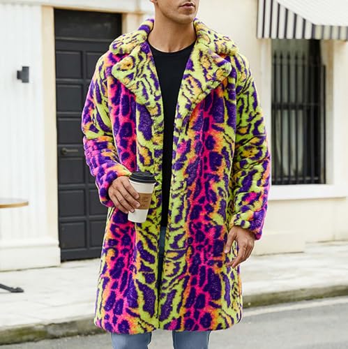 Cambkatl Men's Colorful Leopard Luxury Faux Fur Coat Furry Lapel Collar Long Outerwear Fluffy Winter Warm Cardigans Jacket4