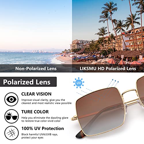 Liksmu Polarized Square Sunglasses For Women Men Retro Vintage Metal Frame 100% Uv Protection Classic Trendy Sun Glasses Gradient Brown Lens And Gold Frame #TOP4