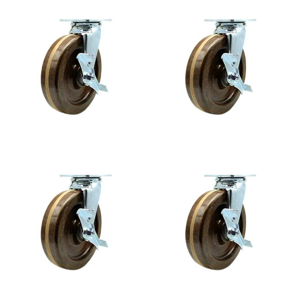 High Temperature Phenolic Swivel Top Plate Casters Set of 4 Heavy Duty with 8 Inch Wheels-Includes 4 Swivel with Top Lock Brakes and Bolt on Swivel Locks–5,000 lbs. Total Capacity-Service Caster Brand