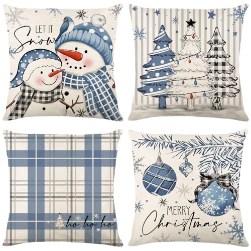 Image of LITIVY Christmas Pillow Covers Set of 4 for Xmas Decorative Pillowcase Winter Holiday Throw Cushion Case for Home Christmas Decor (Snowman Xmas Tree) (Blue, 20”x20)
