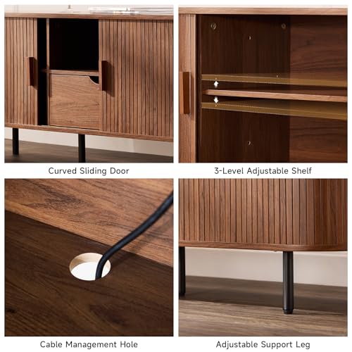 ONBRILL 69\" TV Stand with Power Outlet for TVs up to 80\", Entertainment Center with Storage and Drawer, TV Console with Adjustable Shelves and Sliding Door, TV Stand for Living Room, Bedroom, Walnut