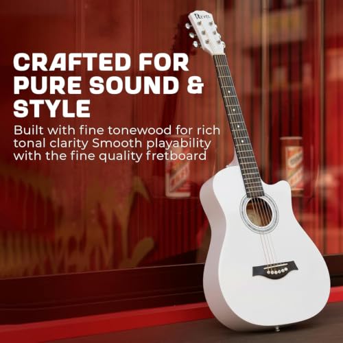 Image of Revel 38 Inch Acoustic Guitar Cutaway Wooden Guitar with High-Gloss Finish, Steel Strings, Smooth Tuning Pegs, Includes Carry Bag, Picks & Sting winder Guitar for Adults. (WHITE)