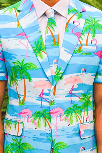 Opposuits Men's Summer Suit - Tropical Flamingo Outfit - Slim Fit - Includes Short Sleeved Blazer, Shorts, And Tie - Size Us 38 #TOP5