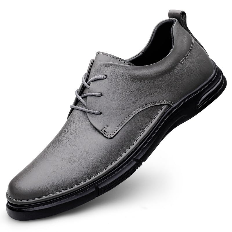 Men's Genuine Leather Oxford Shoes Men Breathable Wedding Fashion Loafers Shoes Casual Business Tuxedo Derby Shoes(Gray,7)