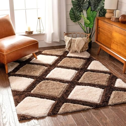 Image of Urban Modern Decor Features 4x6 Feet Modern Soft Shaggy Carpet Thick, Fluffy & 2 inch Pile Shag Rug for Your Kids Room, Bedroom & Livingroom(4x6 feet, Beige Brown Box)