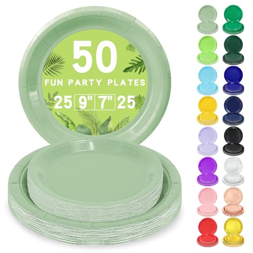 LANLISA 50 Sage Green Paper Plates Disposable 25-9 & 25-7 Disposable Birthday Cake Dessert Plates For Easter Baby Shower Party Supplies