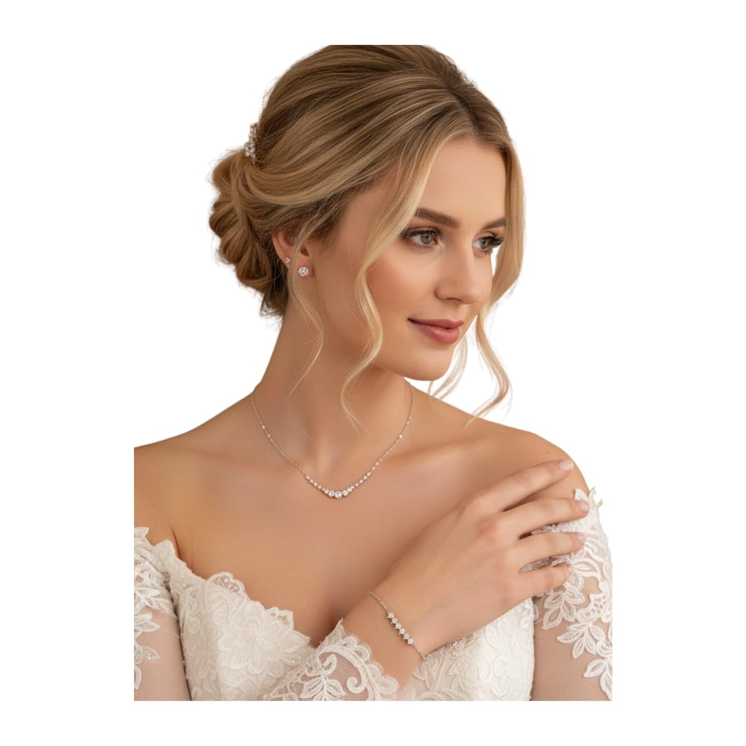 ONDEGO® Brautschmuck Set Silber 3-teilig – Halskette, Ohrringe & Armband mit Strass – Eleganter Hochzeitsschmuck Damen – Kommunion Abiball Ball Schmuckset