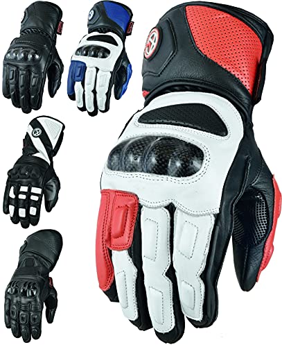 Texpeed Motorcycle Mens Leather Gloves Motorbike Moped ATV Biker Riding With Armour Protection Red Short - L