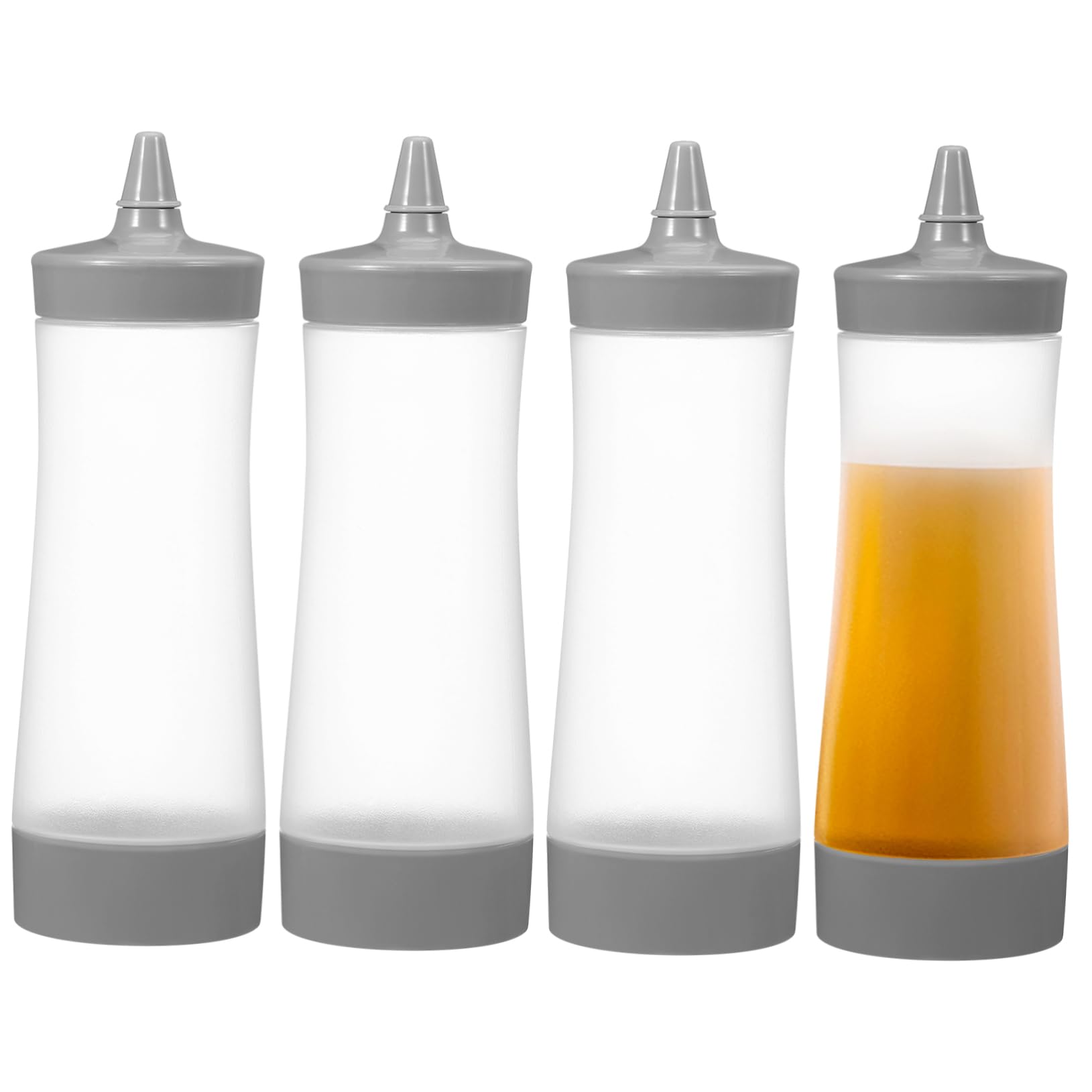 BESTYASH 4Pcs Grey Plastic Squeeze Sauce Bottles Food Grade Condiment Dispenser with Leak Lid for Ketchup Mustard Bbq Sauces and Salad Dressings