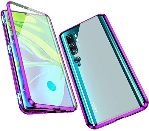 Custodia per Xiaomi Mi Note 10 Cover Magnetica Adsorbimento Tecnologia 360 Gradi Full Body Protezione Cassa Bumper in Metallo Schermo Intero Prima e Dopo Trasparente Vetro Temperato Case,Porpora