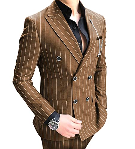 Men's Pinstripe Suit 2 Pieces Slim Fit Double Breasted Suit Blazer Prom Tuxedo Suit for Wedding Groom Striped Suit4