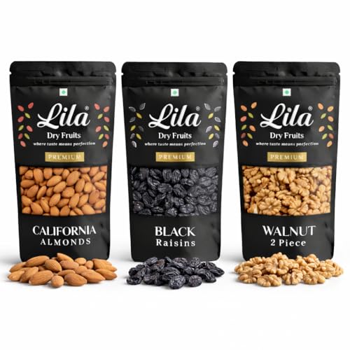 Image of LILA DRY FRUITS Combo Pack Almonds Walnuts Black Raisins 200 x 3 gms EACH | Akhrot Badam Kishmish Dry Fruits Mix for Daily Nutrition | Assorted Dry Fruits for Daily Use Perfect for Gifting