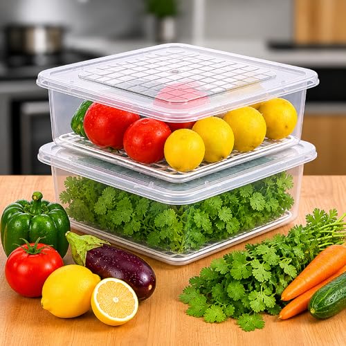 Image of Shuttle Art 2Pack Fridge Storage Containers with Drain Tray-Lid,2500ML BPAFree Refrigerator Organizer Boxes,Stackable Food Storage Containers for Fruits,Vegetables,Fish,Meat,Freezer Organizer Baskets