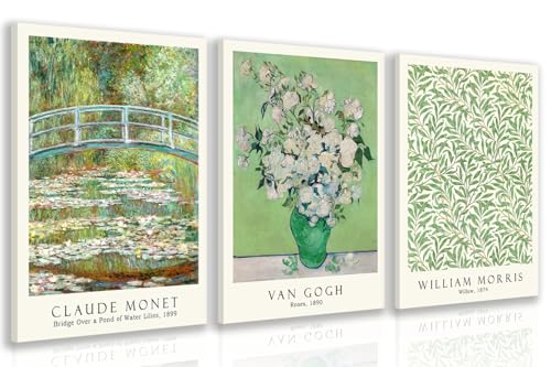 FASWQ Framed Monet Van Gogh William Morris Wall Art, Grass Botanical Wall Decor, Mid Century Impressionist Canvas Paintings, Modern Green Landscape Poster Print for Living Room Bedroom Set of 3, Each 12x16 Inch