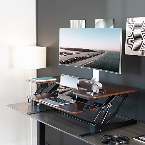 Image of VIVO Dark Walnut 42 inch Standing Desk Converter, DESK-V000VLD | Height Adjustable, Stand Up Desk Riser, Wide Keyboard Tray, Dual Monitor and Laptop Workstation, Black Frame, V Series