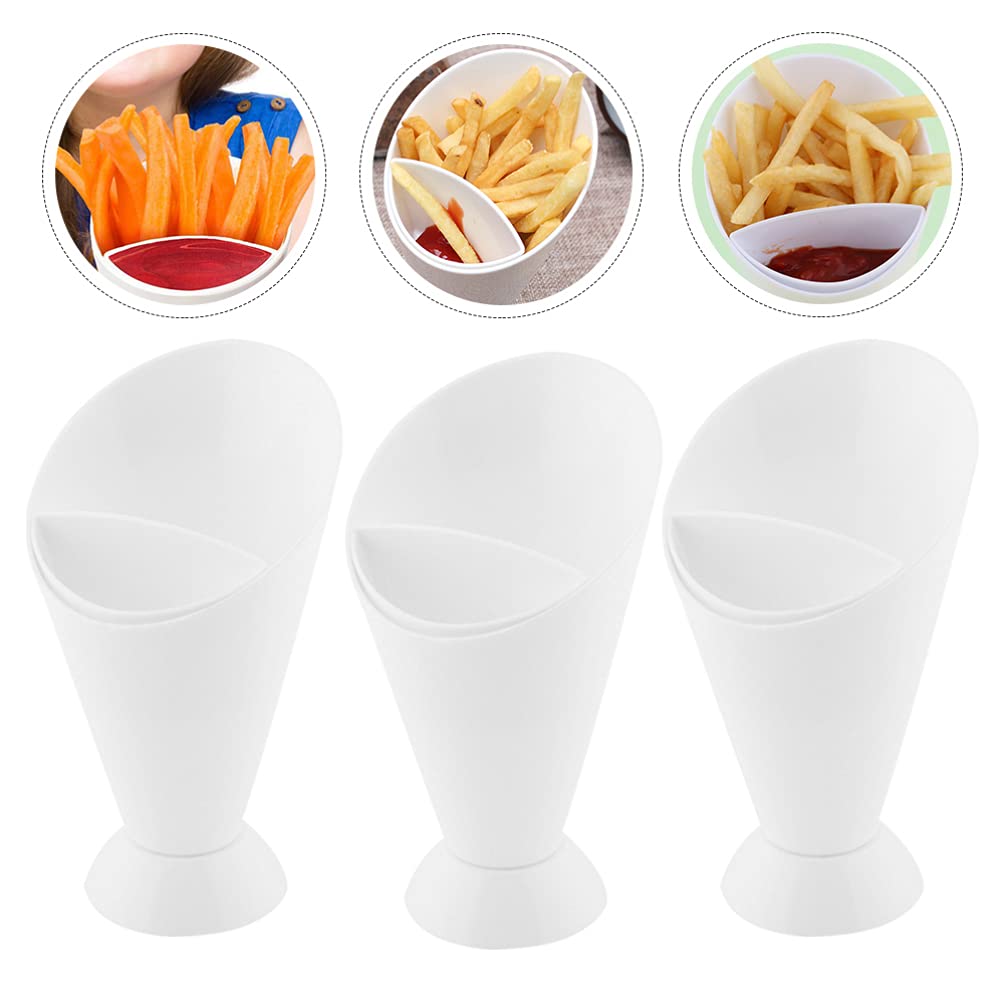 Housoutil White Dessert Plates Plastic French Fries Cup 6Pcs French Fry Cone Dipping Cups French Fries Holder with Ketchup Compartment Standing 2 in 1 Snack Cone with Dipping Cup White Serving Tray