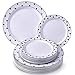 PARTY DISPOSABLE 40 PC DINNERWARE SET | 20 Dinner Plates and 20 Salad or Dessert Plates | Heavyweight Plastic Dishes | Elegant Fine China Look | for Upscale Wedding and Dining (Dots– Black/White)