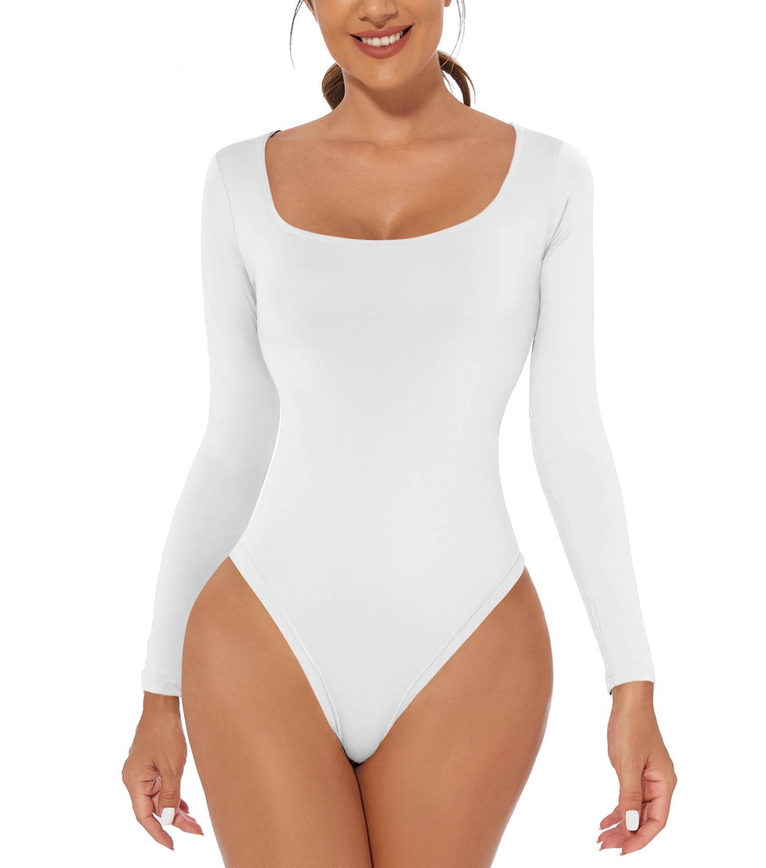 ONEW Damen Langarm & Kurzarm Body Eckiger Ausschnitt Bodysuit Oberteil Basic Square Neck Unterziehbody Shirt für Frauen
