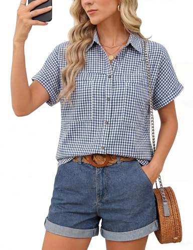 Kistore Women Short Sleeve Plaid Button Up Shirt Y2K...