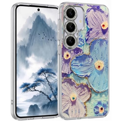 Image of VONZEE Samsung Galaxy S23 5G Case, Laser Flower Oil Painting Design, Cute Colorful Blue Ray Bumper, Full Camera Protection, Shockproof PC+TPU Glossy Shiny Protective Cover for Women & Girls, Green