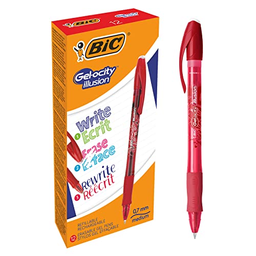 BIC Gel-ocity Illusion stylos gel effaçables rouge pointe moyenne roller écriture bureau école x12
